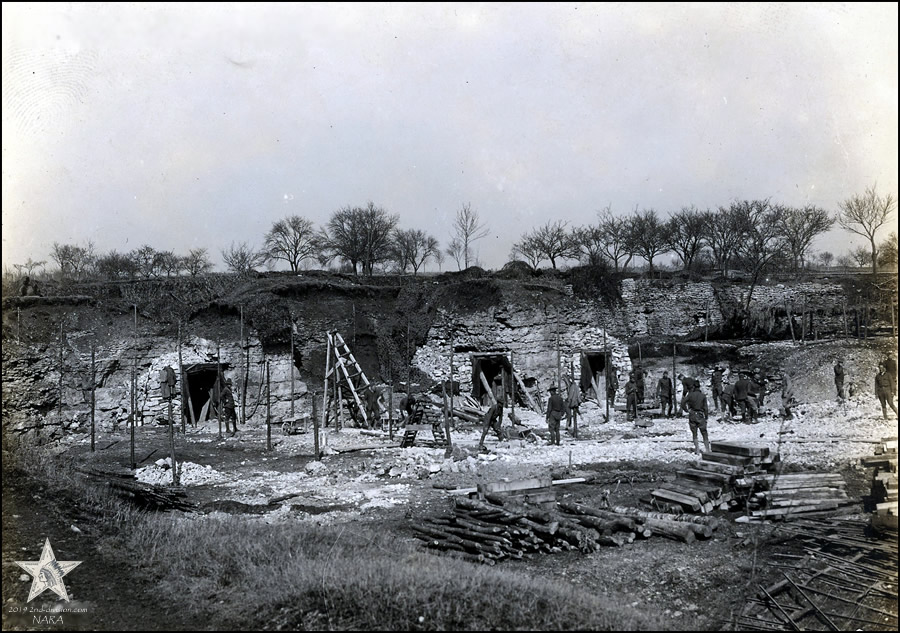 Co. A, 2nd Engineers, building underground P. C. in an old quarry, between Menil-la-Tour and Andilly, France. March 13, 1918.