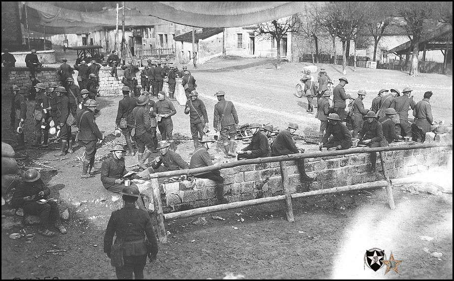 Mess time at Headquarters of Marines, 2nd Division, Sommedieue, France. April 29, 1918.