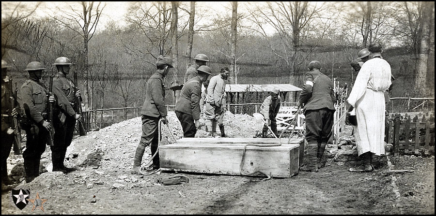At the front. Marines bury comrades with all military honors. P.C. Moscou, France. April 12, 1918.