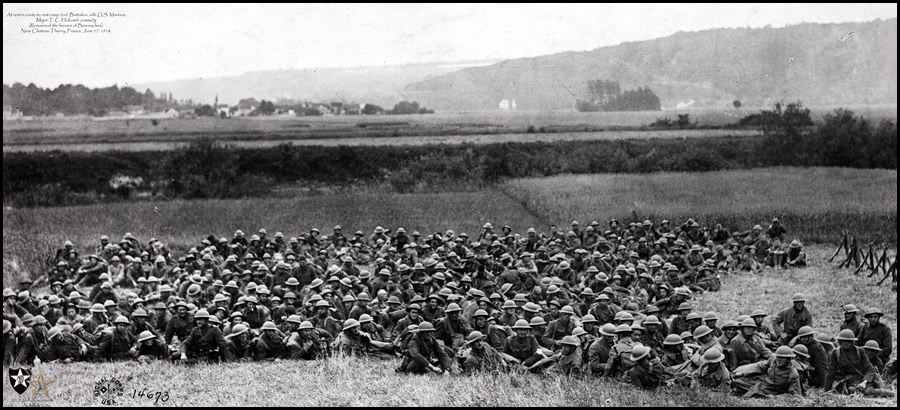 At rest in route to rest camp 2nd. Bn, 6th. US Marines, Major T. C. Holcomb, C.O. Near Chateau Thierry, France. June 17, '18.