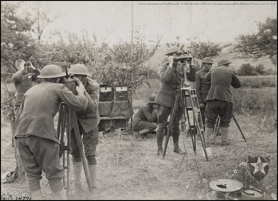 Instruments used by Battery B, 1st Anti-Aircraft 2nd Division, in locating enemy airplanes. Montreuil, France, June 15, 1918.