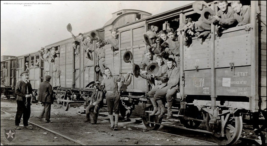 5th Marines in cars on way to cantonment in France after disembarkation. June 1917. (cars hold 40 to 50 men; 8 to 10 horses).