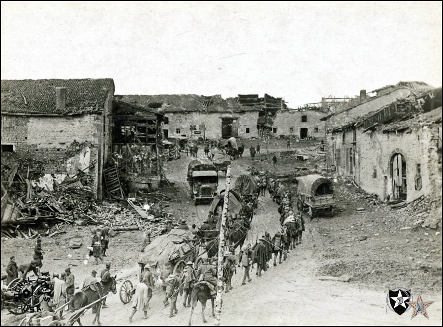 Ammunitions and supplies going to the front. Imécout, Ardennes, France. November 4, 1918.